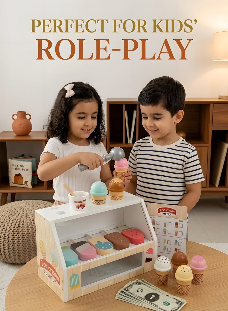 بيوينتي محل بيع الآيس كريم الخشبي للأولاد والبنات، مجموعة آيس كريم خشبية، لعبة تظاهر بالمتجر مع إكسسوارات مطبخ لعب الطعام تشمل مغرفة ونقود مزيفة، لعبة متجر الآيس كريم للأطفال الصغار. - Image 3