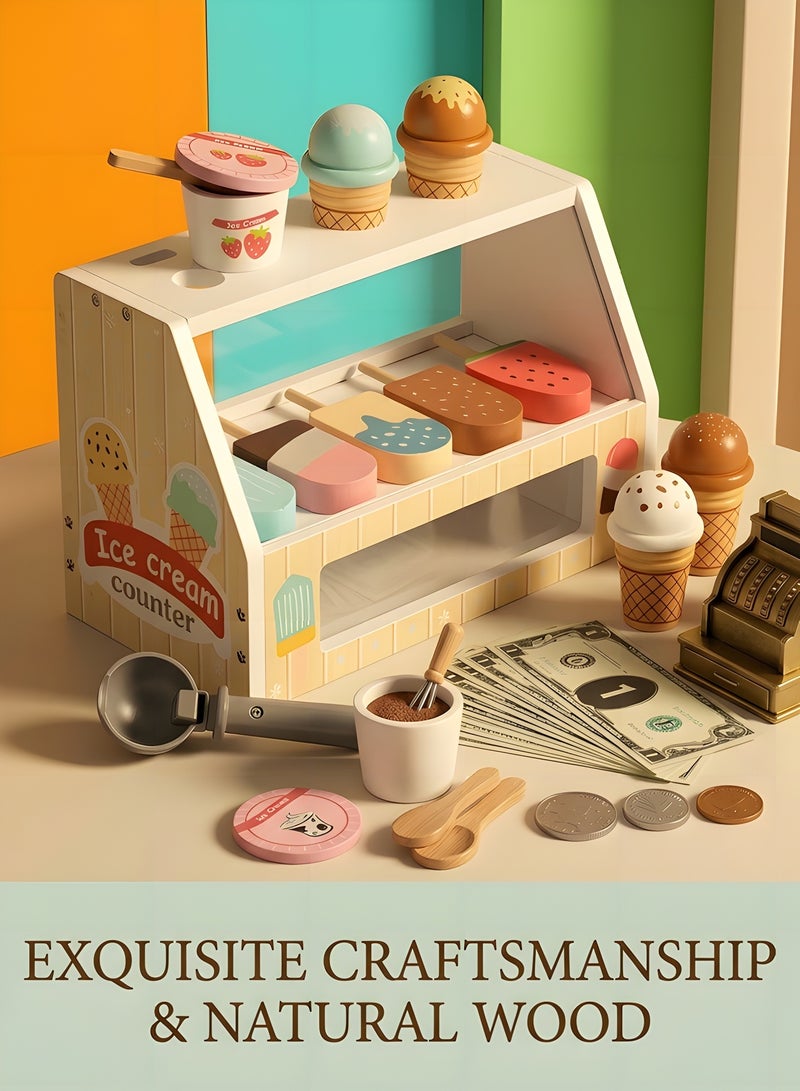 بيوينتي محل بيع الآيس كريم الخشبي للأولاد والبنات، مجموعة آيس كريم خشبية، لعبة تظاهر بالمتجر مع إكسسوارات مطبخ لعب الطعام تشمل مغرفة ونقود مزيفة، لعبة متجر الآيس كريم للأطفال الصغار. - Image 4