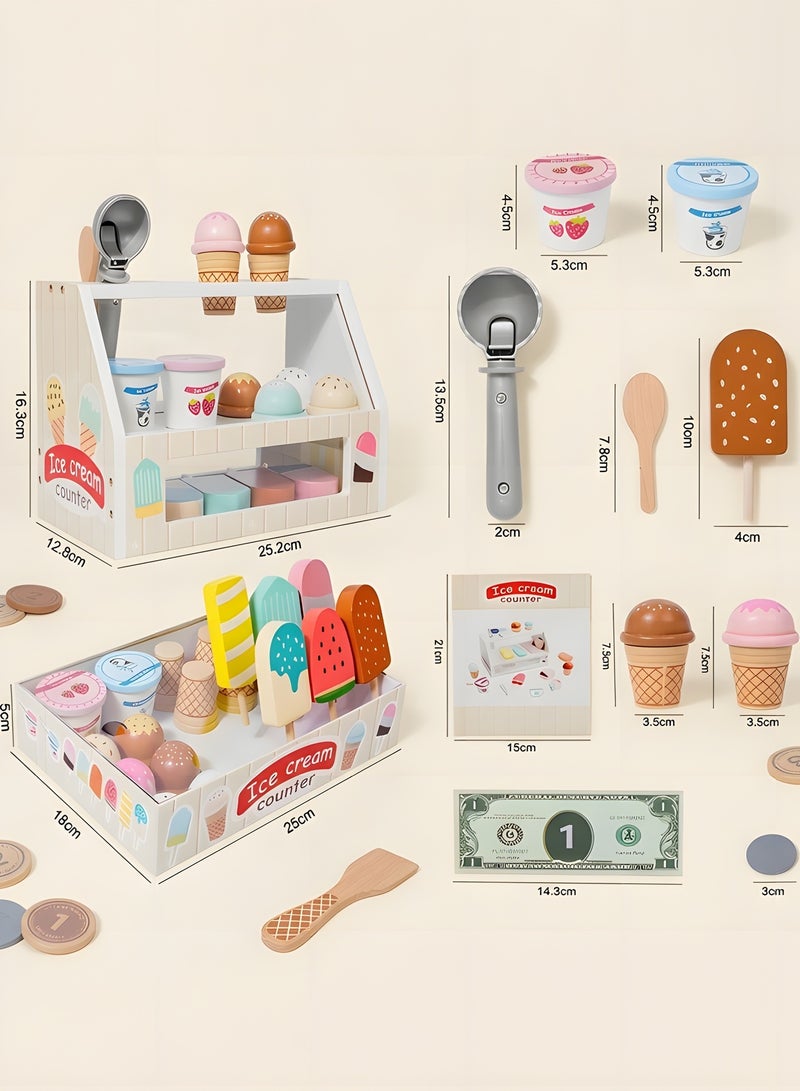 بيوينتي محل بيع الآيس كريم الخشبي للأولاد والبنات، مجموعة آيس كريم خشبية، لعبة تظاهر بالمتجر مع إكسسوارات مطبخ لعب الطعام تشمل مغرفة ونقود مزيفة، لعبة متجر الآيس كريم للأطفال الصغار. - Image 5