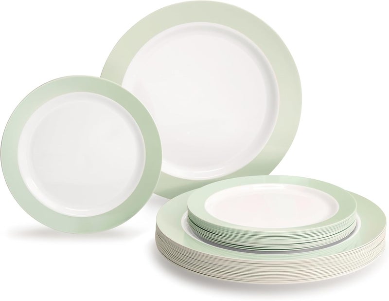 OCCASIONS FINEST PLASTIC TABLEWARE " OCCASIONS " 240 Plates Pack,(120 Guests) Heavyweight Wedding Party Disposable Plastic Plates -120x10.25'' Dinner + 120x7.5'' Salad/Dessert (Rio Collection White & Pearled Green) - Image 1