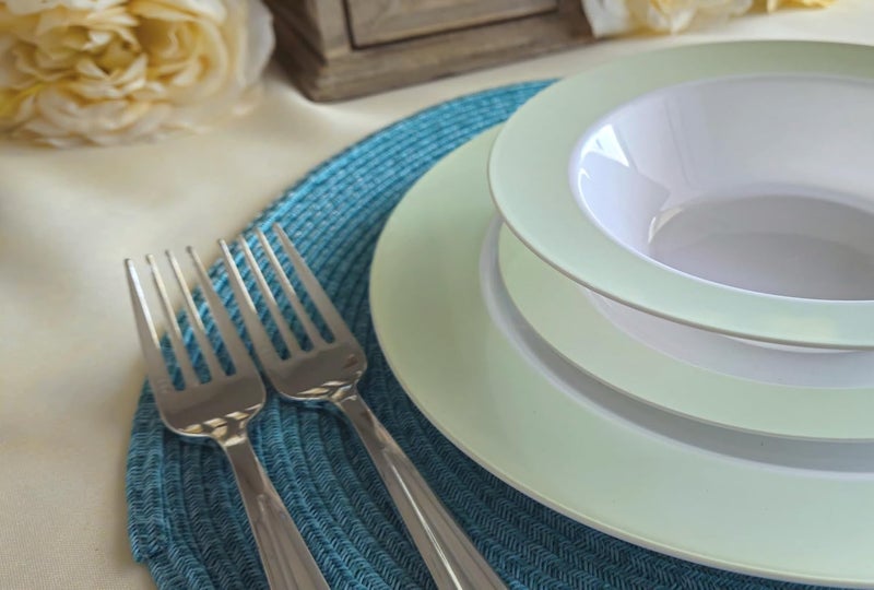 OCCASIONS FINEST PLASTIC TABLEWARE " OCCASIONS " 240 Plates Pack,(120 Guests) Heavyweight Wedding Party Disposable Plastic Plates -120x10.25'' Dinner + 120x7.5'' Salad/Dessert (Rio Collection White & Pearled Green) - Image 4