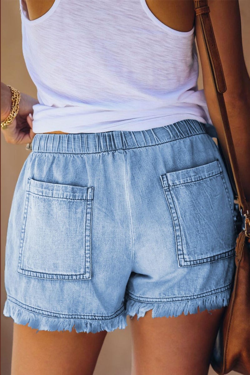 YOCUR Drawstring Jean Shorts for Women Casual Baggy Trendy High Waisted Tassel Denim Shorts Pockets Drawstring Hot Pants Light Blue S - Image 4