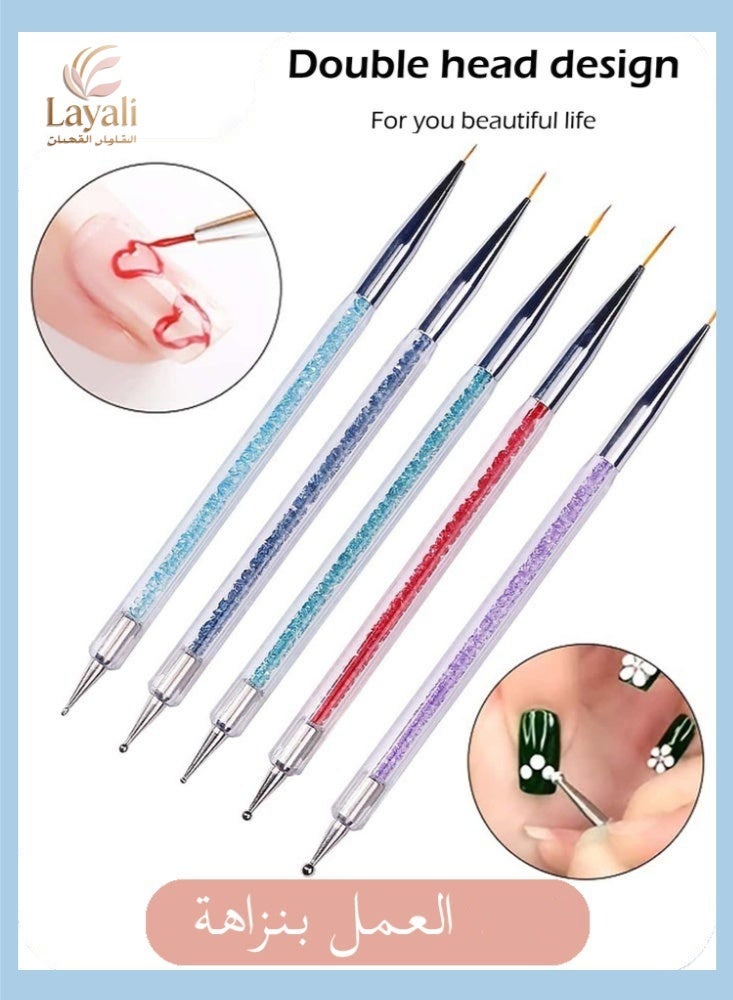 Layali 5 Pcs Double Head Nail Art Brushes, Nail Art Dot Drill Drawing Brush Pen Manicure Care Tools Nail Brush Double Head Dot Painting Tool Set Nail Art Eyeliner Brush for Home DIY and Salon with Shiny Handle Multicolor - Image 1