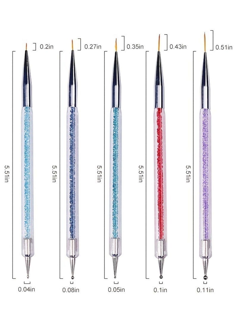 Layali 5 Pcs Double Head Nail Art Brushes, Nail Art Dot Drill Drawing Brush Pen Manicure Care Tools Nail Brush Double Head Dot Painting Tool Set Nail Art Eyeliner Brush for Home DIY and Salon with Shiny Handle Multicolor - Image 2