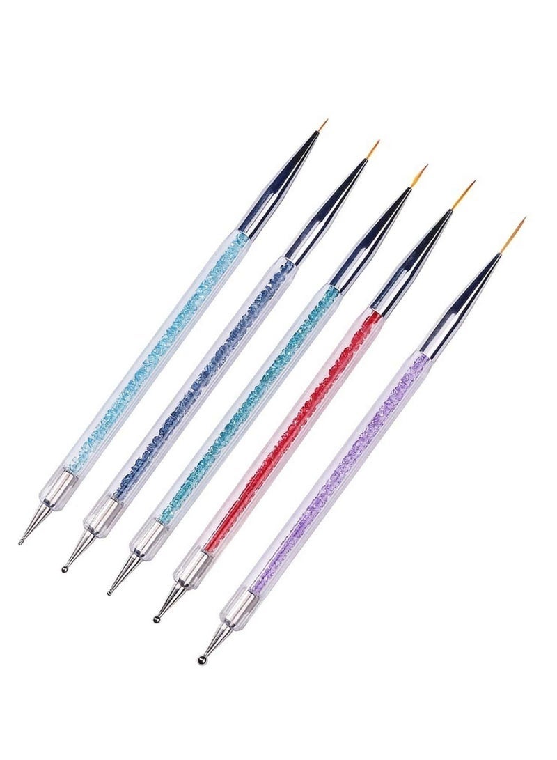 Layali 5 Pcs Double Head Nail Art Brushes, Nail Art Dot Drill Drawing Brush Pen Manicure Care Tools Nail Brush Double Head Dot Painting Tool Set Nail Art Eyeliner Brush for Home DIY and Salon with Shiny Handle Multicolor - Image 3