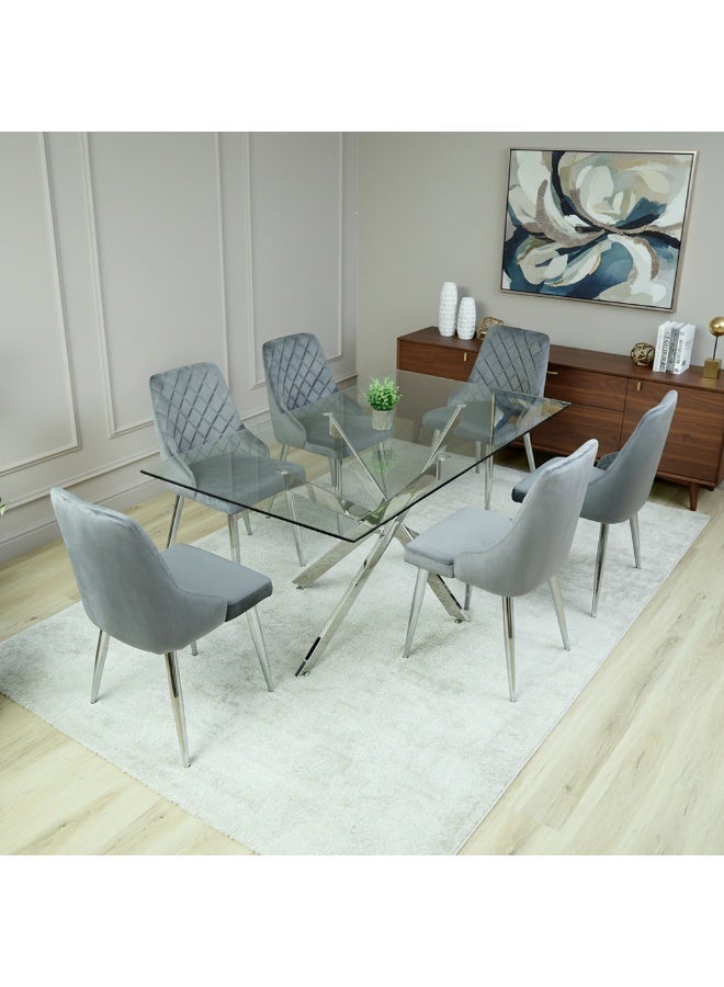 VANITY LIVING Large Dining Table Set for 6, Modern Davos Chrome Frame and Glass Top Dinner Breakfast Table + 6 Milan Grey Velvet Dining Chairs for Kitchen and Dining Room - Image 1