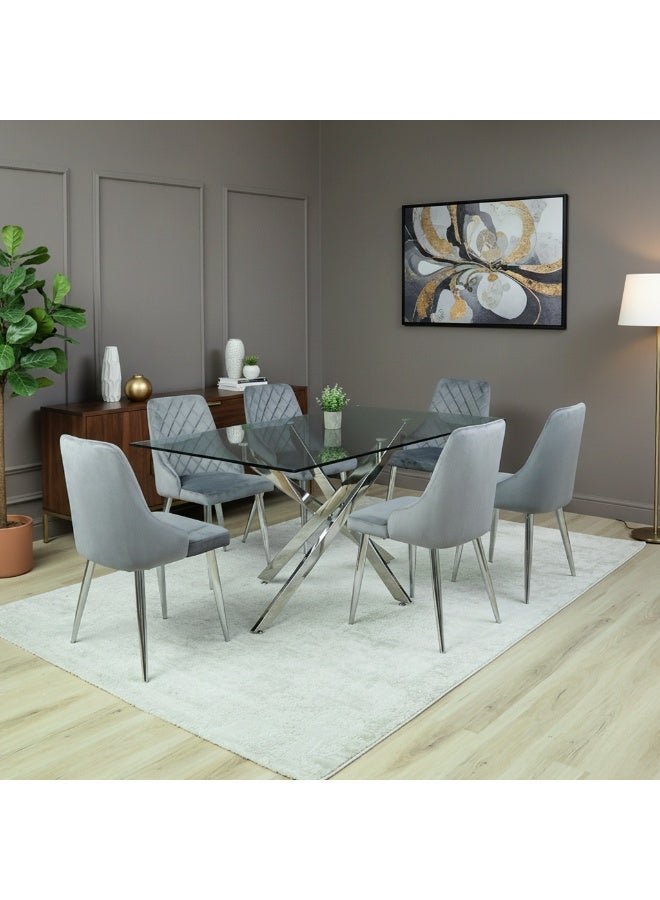 VANITY LIVING Large Dining Table Set for 6, Modern Davos Chrome Frame and Glass Top Dinner Breakfast Table + 6 Milan Grey Velvet Dining Chairs for Kitchen and Dining Room - Image 2