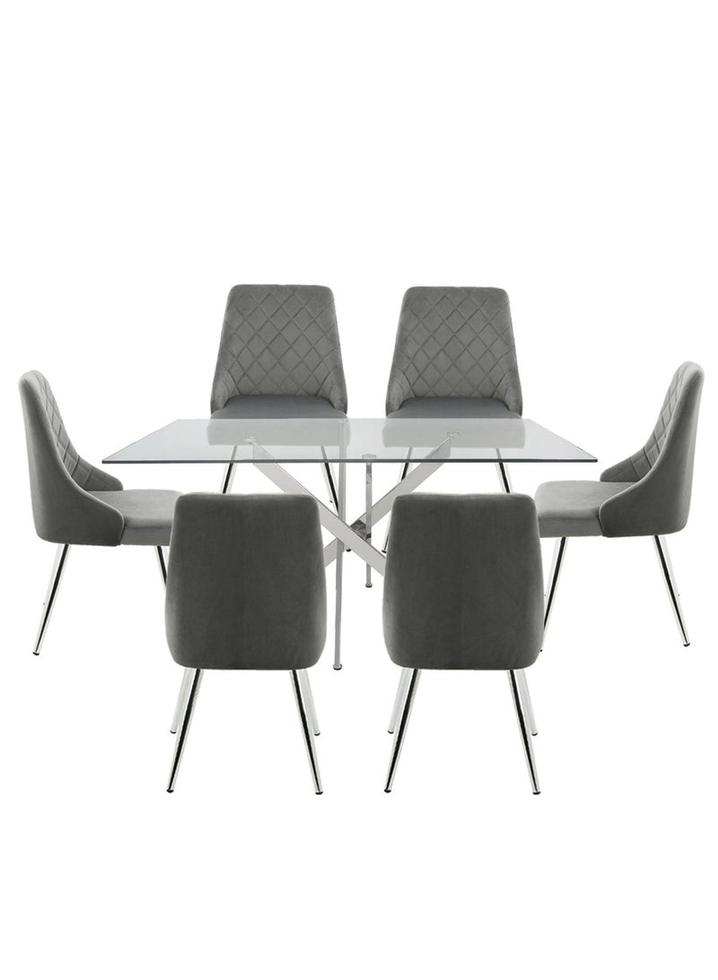 VANITY LIVING Large Dining Table Set for 6, Modern Davos Chrome Frame and Glass Top Dinner Breakfast Table + 6 Milan Grey Velvet Dining Chairs for Kitchen and Dining Room - Image 4
