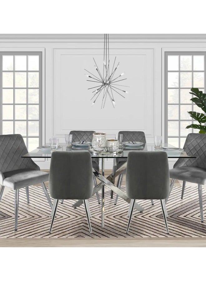 VANITY LIVING Large Dining Table Set for 6, Modern Davos Chrome Frame and Glass Top Dinner Breakfast Table + 6 Milan Grey Velvet Dining Chairs for Kitchen and Dining Room - Image 1