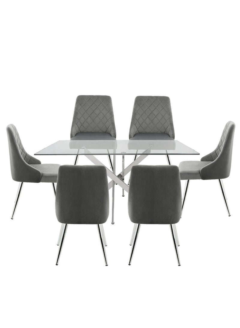 VANITY LIVING Large Dining Table Set for 6, Modern Davos Chrome Frame and Glass Top Dinner Breakfast Table + 6 Milan Grey Velvet Dining Chairs for Kitchen and Dining Room - Image 2