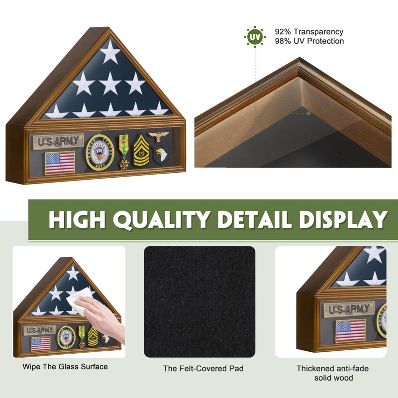 DANF FLAG Flag Case for 3'x5' American Flag Display Case Brown Wood Memorial Flag Veteran Military Medal Pins Shadow Box with Acrylic Covered and Wall Mounted (Not for Burial Flag Size) - Image 3