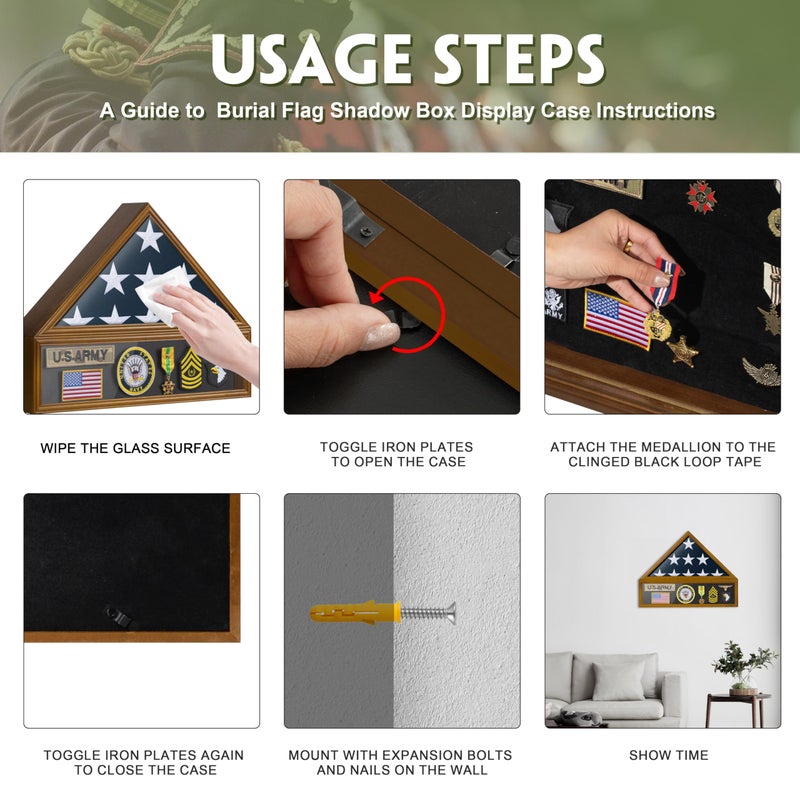 DANF FLAG Flag Case for 3'x5' American Flag Display Case Brown Wood Memorial Flag Veteran Military Medal Pins Shadow Box with Acrylic Covered and Wall Mounted (Not for Burial Flag Size) - Image 5