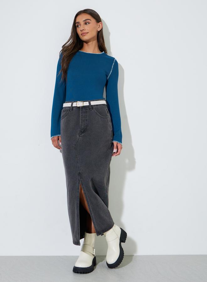 Styli Navy Blue Knit Top With Overlock Seam - Image 2
