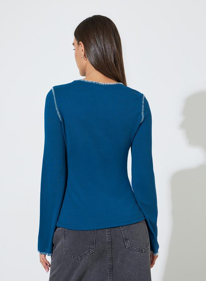Styli Navy Blue Knit Top With Overlock Seam - Image 4