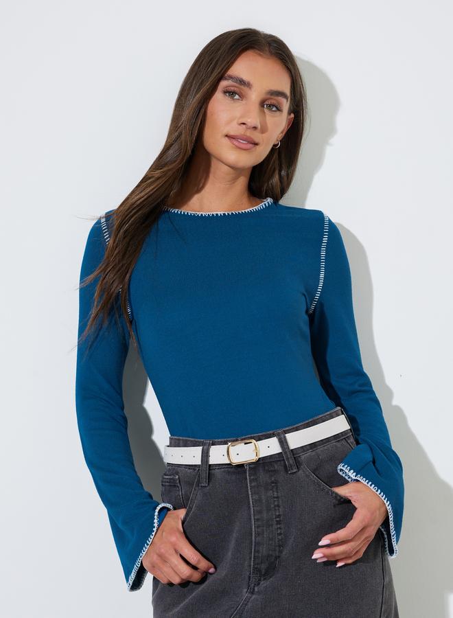 Styli Navy Blue Knit Top With Overlock Seam - Image 1