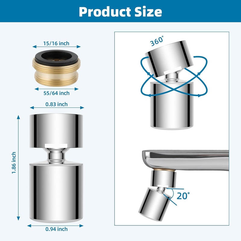 Hibbent NSF/ANSI/CAN 61 Certified Faucet Aerator, CUPC Certification 360° Twist Kitchen Sink Aerator, Dual-function Sink Sprayer Attachment, Faucet Replacement Part 55/64'' Female Thread, Chrome - Image 2