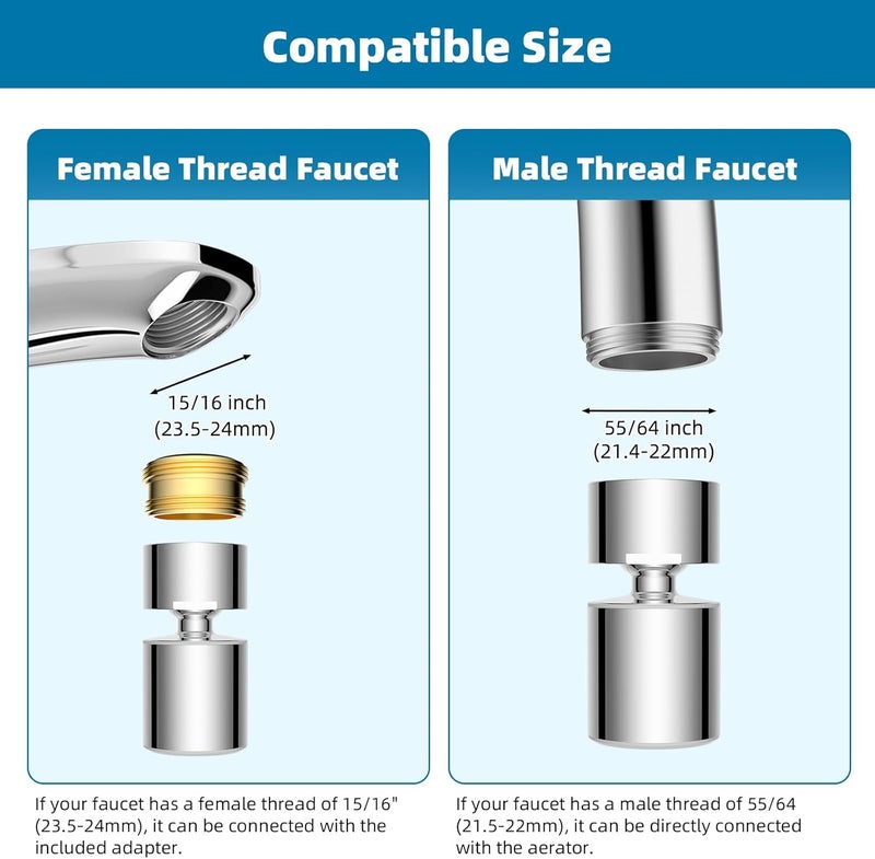 Hibbent NSF/ANSI/CAN 61 Certified Faucet Aerator, CUPC Certification 360° Twist Kitchen Sink Aerator, Dual-function Sink Sprayer Attachment, Faucet Replacement Part 55/64'' Female Thread, Chrome - Image 3