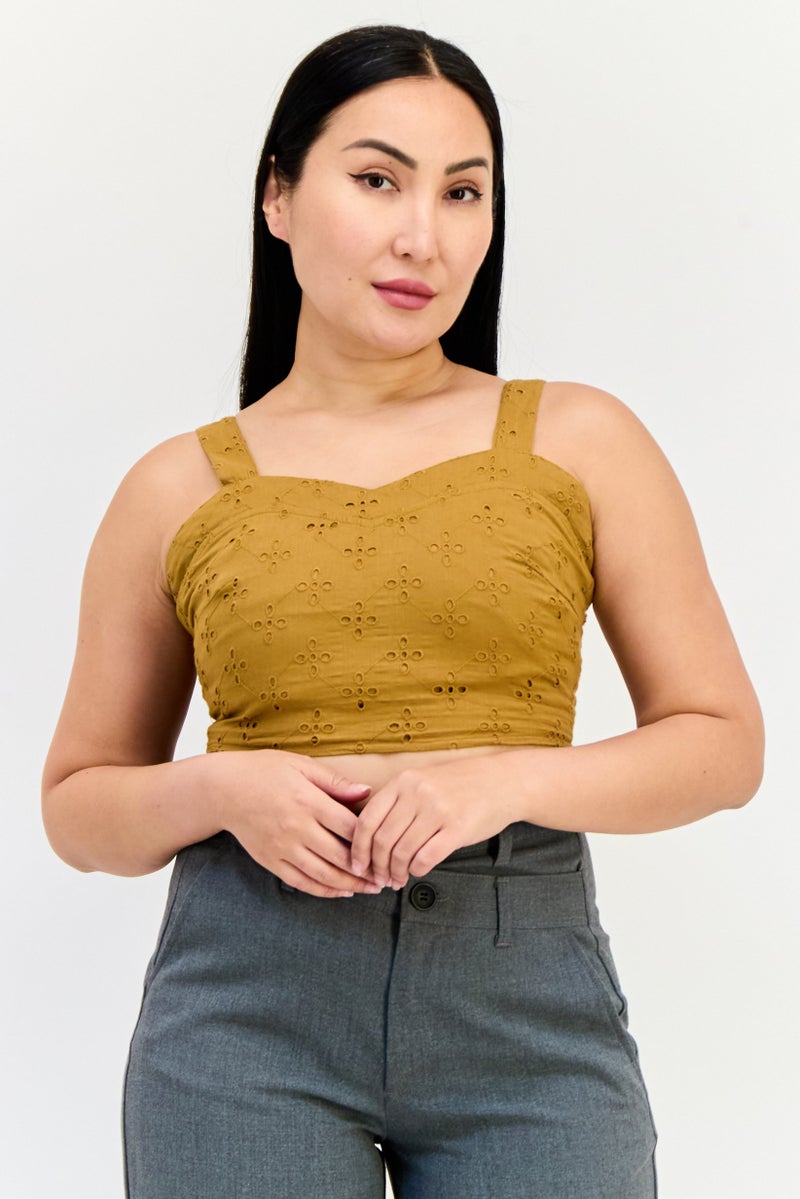 ONLY Women Square Neck Sleeveless Embroidered Tank Top, Brown  - Image 1