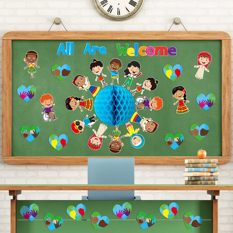BeYumi 75PCS Student Diversity Bulletin Board Set All are Welcome Hearts Cutouts Earth Honeycomb Inclusion Multicultural Bulletin Board Back to School Equality One World Classroom Door Decoration - Image 4