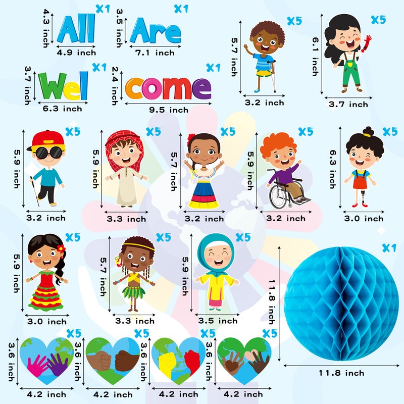 BeYumi 75PCS Student Diversity Bulletin Board Set All are Welcome Hearts Cutouts Earth Honeycomb Inclusion Multicultural Bulletin Board Back to School Equality One World Classroom Door Decoration - Image 2