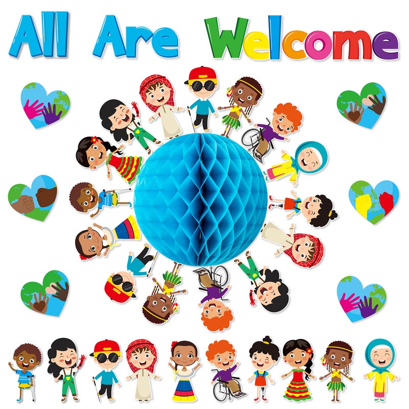 BeYumi 75PCS Student Diversity Bulletin Board Set All are Welcome Hearts Cutouts Earth Honeycomb Inclusion Multicultural Bulletin Board Back to School Equality One World Classroom Door Decoration - Image 1