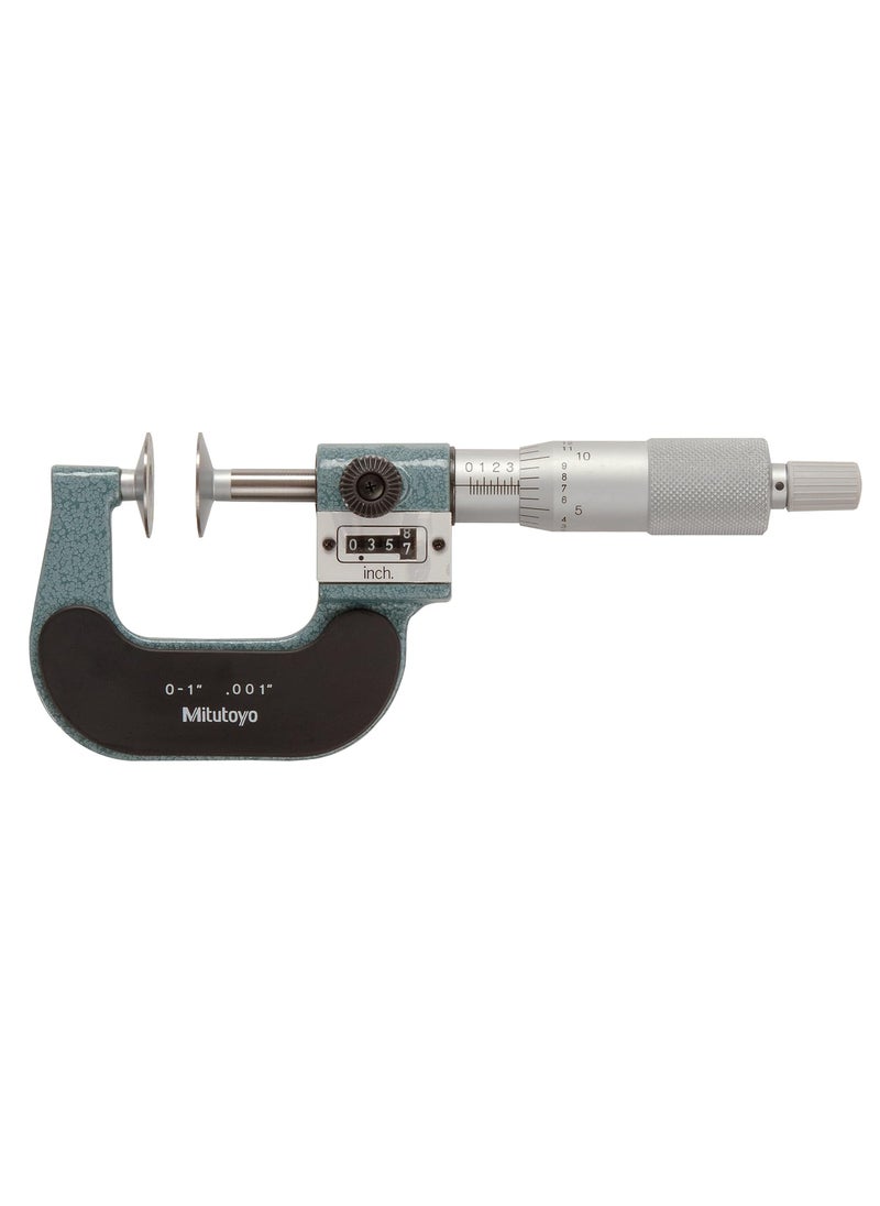 Mitutoyo Mitutoyo 223125 Disk Outside Micrometer 0 to 1 Range 0001 Graduations Mechanical Digit Counter Rotating Spindle Ratcheting Thimble Stop Inch 