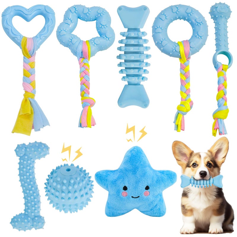 MRSOHRET Puppy Toys, 8 Pack Puppy Chew Toys for Teething, Cute Blue Small Dog Toys Set, Teething Toys for Puppies, Soft Durable Interactive Chew Toy for Small Dogs - Image 1
