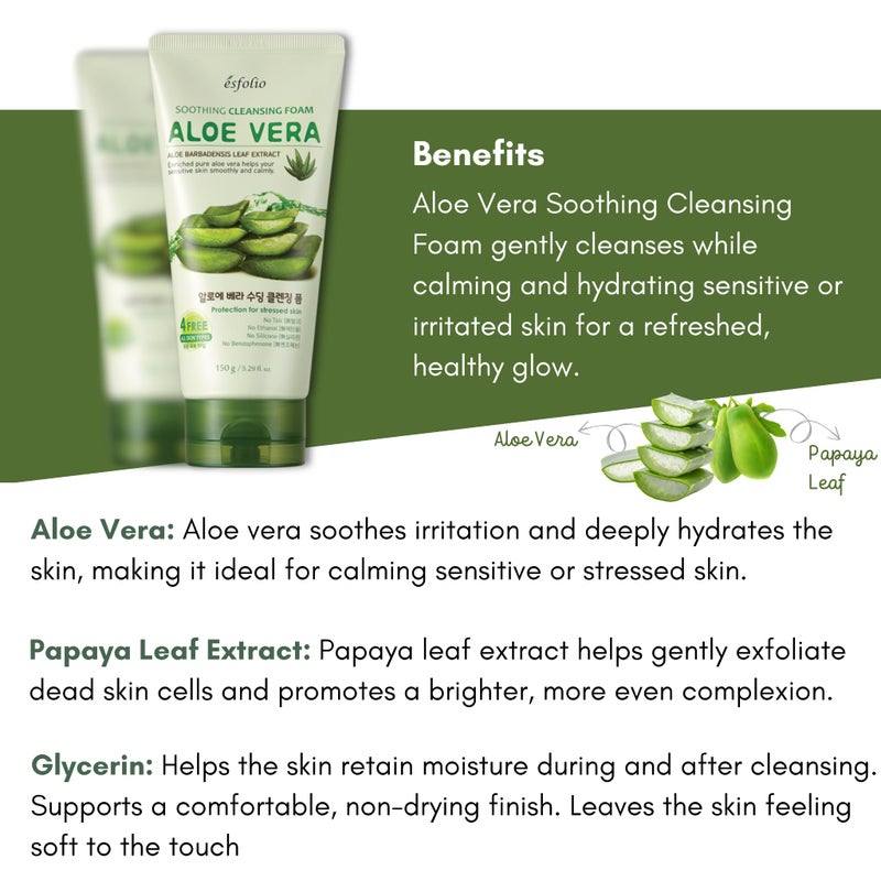 esfolio Aloe Vera Soothing Cleansing Foam â€“ Gentle Hydrating Face Wash for Sensitive Skin, Moisturizing Facial Cleanser (5.29oz -150g) - Image 5