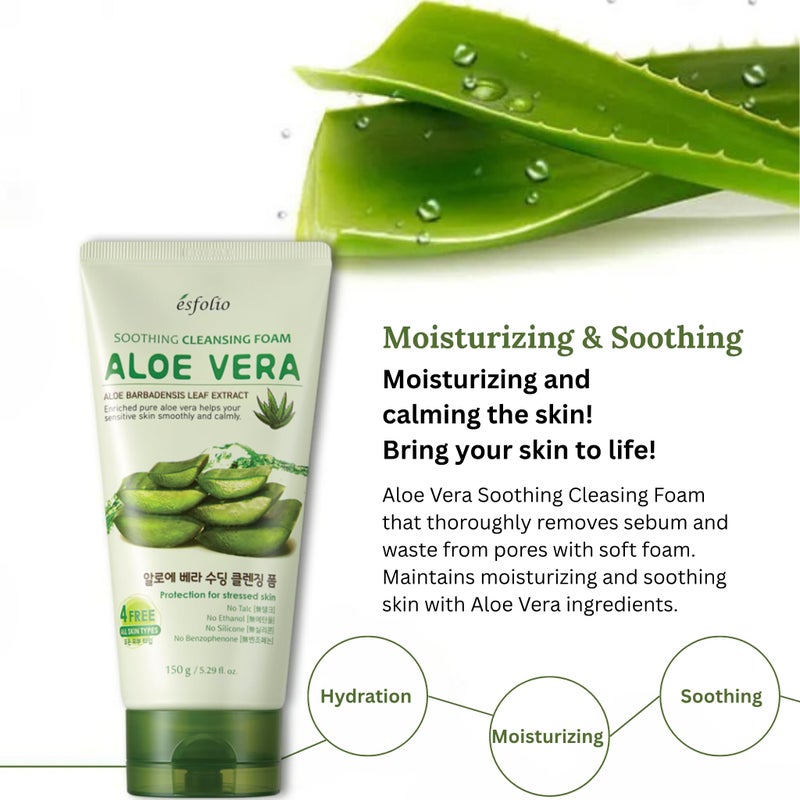 esfolio Aloe Vera Soothing Cleansing Foam â€“ Gentle Hydrating Face Wash for Sensitive Skin, Moisturizing Facial Cleanser (5.29oz -150g) - Image 3