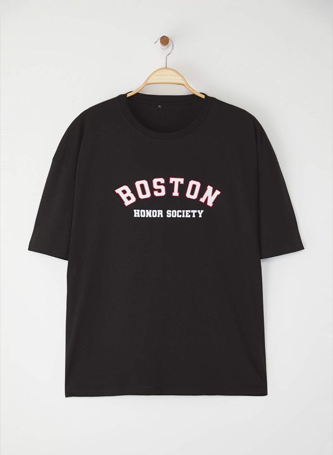 trendyol Big Size Black Oversize/Wide Cut City Printed 100% Cotton TShirt - Image 2