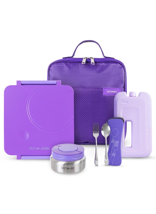 Eazy Kids Eazy Kids Jumbo Bento Lunch Box Set w/ Steel Food Jar, Ice Pack & Insulated Lunch Bag – Purple  - Image 1
