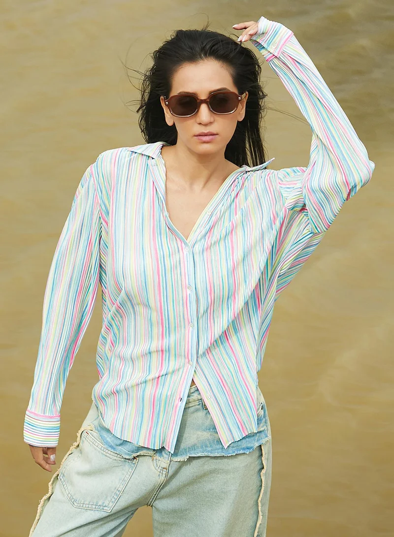 بينيا كولادا قميص نسائي متعدد الألوان بطيات قوس قزح