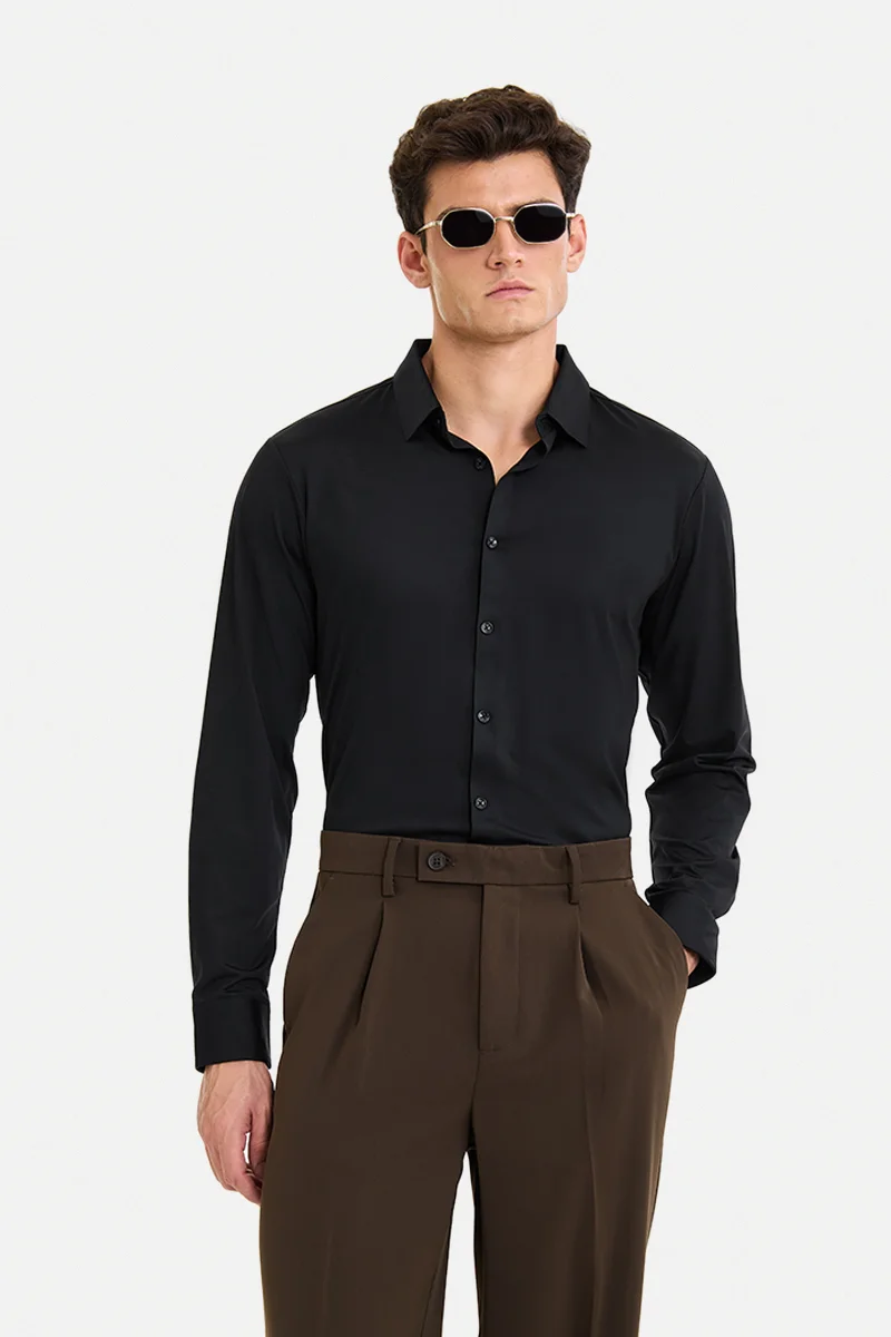 SNITCH Black Solid Long Sleeve Regular Fit Casual Shirt