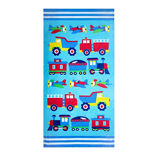 Wildkin Kids Beach Towel – 100% Cotton, Soft & Absorbent, Ideal Pool & Beach Essential - Trains, Planes and Trucks - Image 1