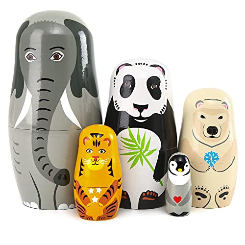 Moonmo 5pcs Handmade Wooden Animal Nesting Dolls Elephant Panda Traditional Russian Matryoshka Gift - Image 1