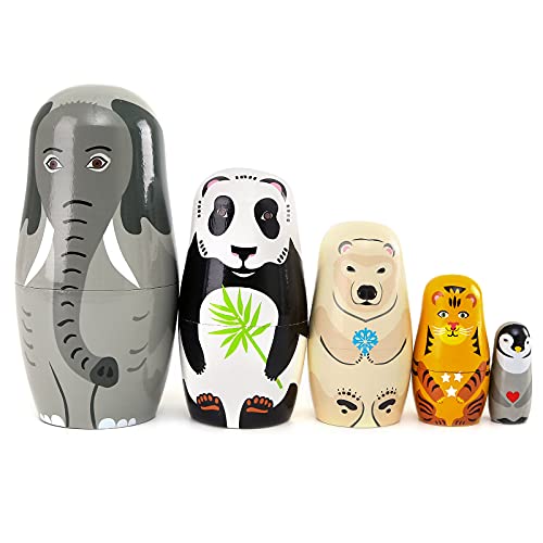 Moonmo 5pcs Handmade Wooden Animal Nesting Dolls Elephant Panda Traditional Russian Matryoshka Gift - Image 5