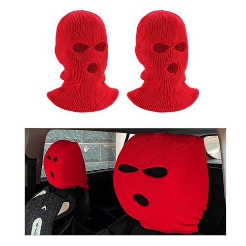 Suvnie 2 PCS Car Headrest Cover Personalized Funny Car Seat Full Face Mask Ski Mask Wrap Protection for Auto Front Seat Rest Decoration Universal Interior Car Accessories Red