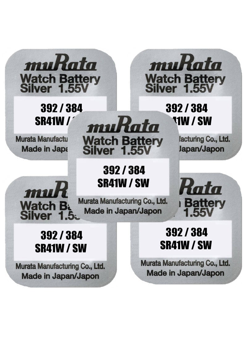5-Pieces Murata 392/384 SR41/W/SW Silver Oxide 1.55V Watch Batteries