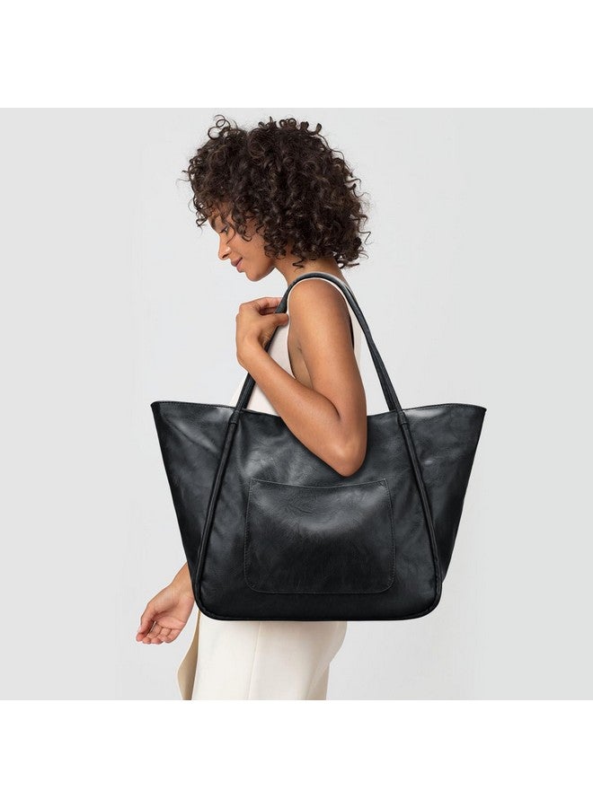 KKXIU Large Tote Bag for Women with Zipper Work Leather Travel Purse and Handbags - Black - Image 1