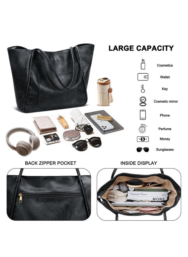 KKXIU Large Tote Bag for Women with Zipper Work Leather Travel Purse and Handbags - Black - Image 2