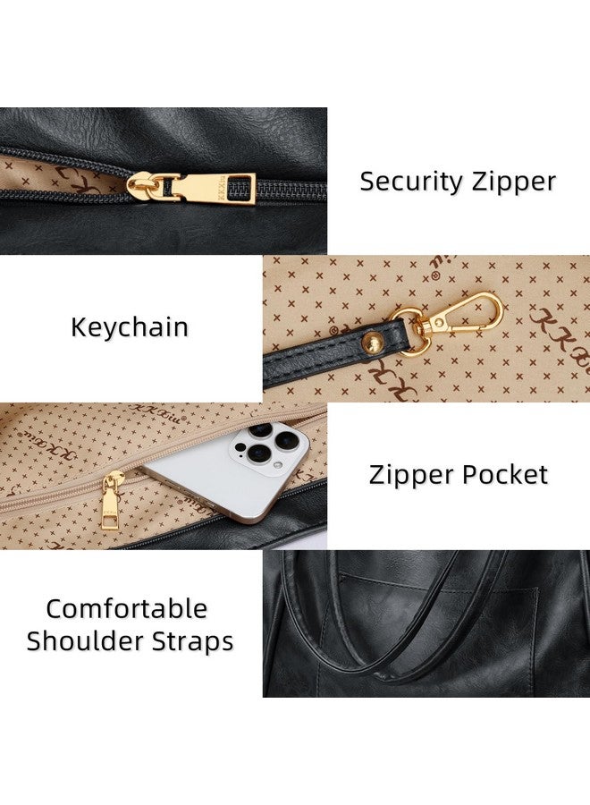 KKXIU Large Tote Bag for Women with Zipper Work Leather Travel Purse and Handbags - Black - Image 3