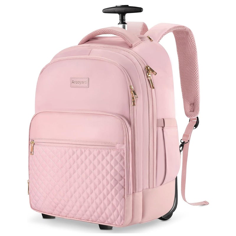 Arcoyard Rolling Backpack Carry On Luggage For Adults With Wheels, 40L Wheeled Backpack For Women, Travel Roller Backpack, Rolling Bag, Pink - Image 1