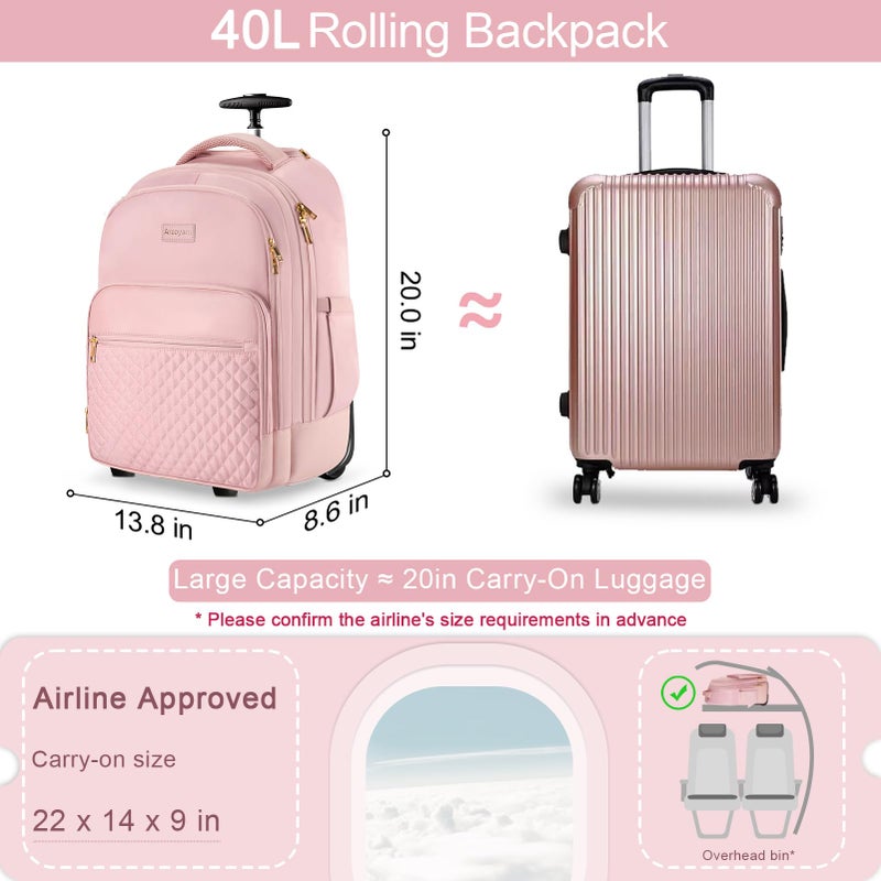 Arcoyard Rolling Backpack Carry On Luggage For Adults With Wheels, 40L Wheeled Backpack For Women, Travel Roller Backpack, Rolling Bag, Pink - Image 5