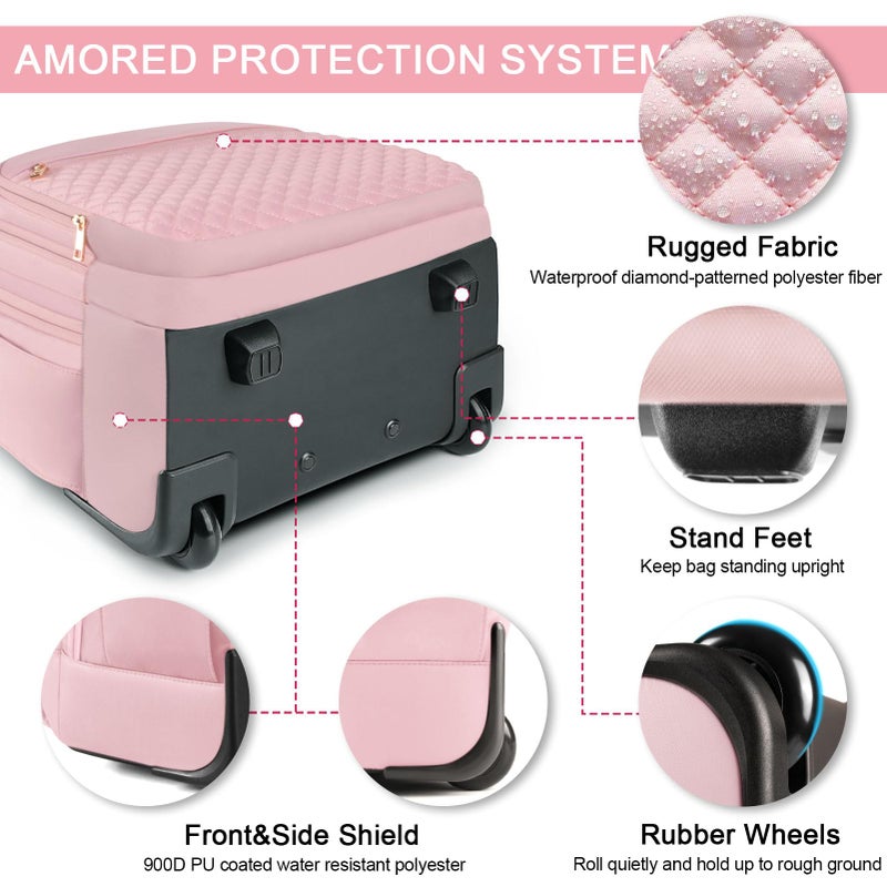 Arcoyard Rolling Backpack Carry On Luggage For Adults With Wheels, 40L Wheeled Backpack For Women, Travel Roller Backpack, Rolling Bag, Pink - Image 3