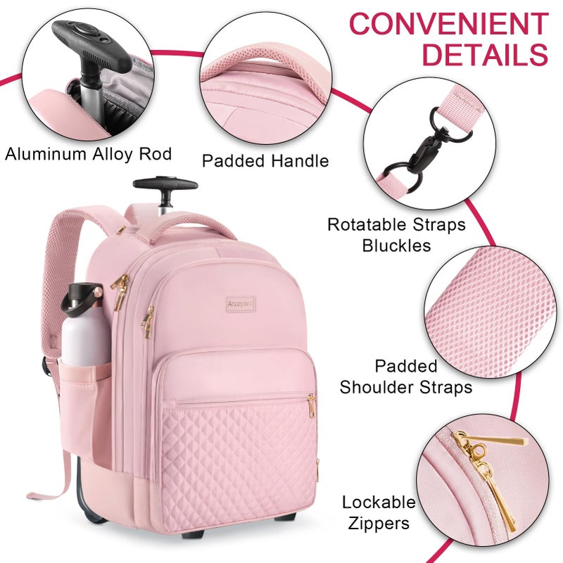 Arcoyard Rolling Backpack Carry On Luggage For Adults With Wheels, 40L Wheeled Backpack For Women, Travel Roller Backpack, Rolling Bag, Pink - Image 2