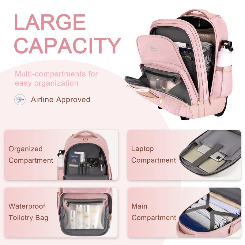 Arcoyard Rolling Backpack Carry On Luggage For Adults With Wheels, 40L Wheeled Backpack For Women, Travel Roller Backpack, Rolling Bag, Pink - Image 4