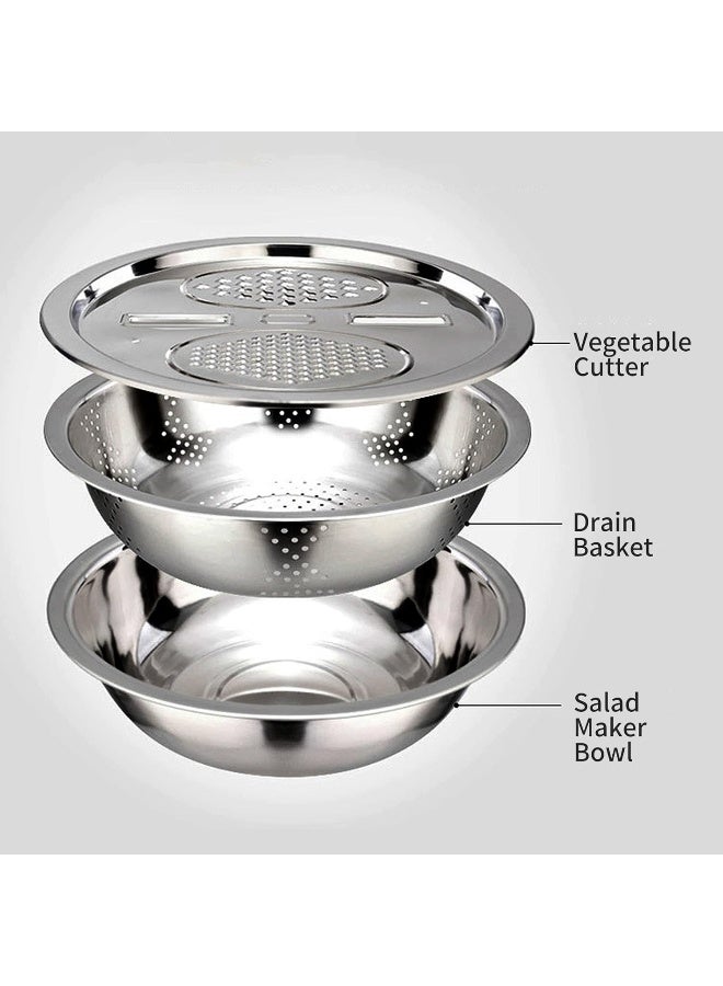 VOUVOU 3 in 1 Vegetable Cutter Drain Basket Salad Maker Bowl Stainless Steel Kitchen Multifunction Grater Slicer Bowl Vegetable Chopper Colander  - Image 2