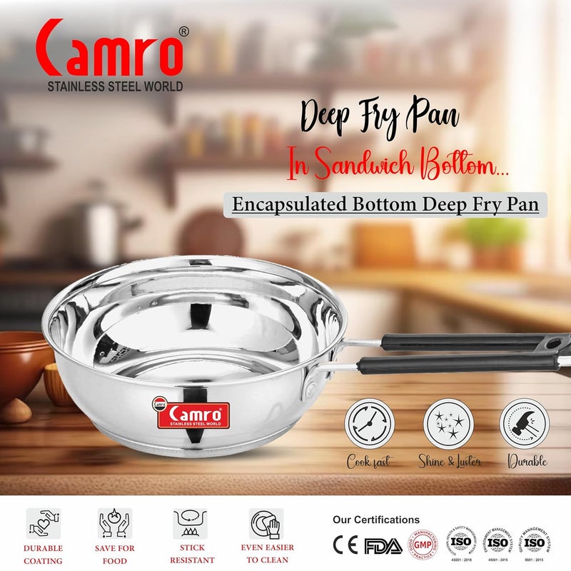 Camro Fry Pan Steel 4 Liters | Induction Bottom Deep Fry Pan Steel Stainless Fryer | Fry Pan Induction Base | Cookwear Frying Pan | Gas Induction Stovetop Compatible Multi Purpose Use - Image 4