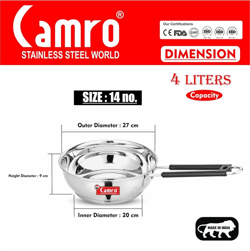 Camro Fry Pan Steel 4 Liters | Induction Bottom Deep Fry Pan Steel Stainless Fryer | Fry Pan Induction Base | Cookwear Frying Pan | Gas Induction Stovetop Compatible Multi Purpose Use - Image 2