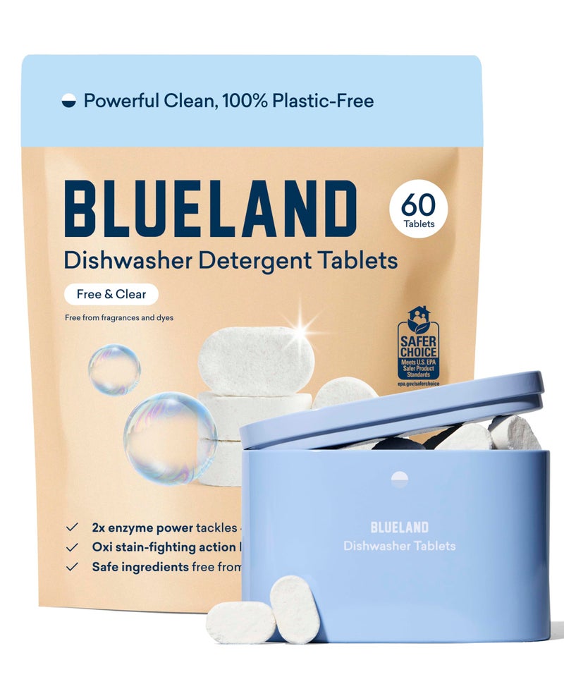 Blueland أقراص منظف الصحون خالية من البلاستيك 100% من بلولاند، مجموعة البداية، 60 قطعة مع علبة، خالية وواضحة، كبسولات غسيل صحون صديقة للبيئة، طبيعية، معتمدة من وزارة الزراعة الأمريكية كمنتج حيوي - Image 1